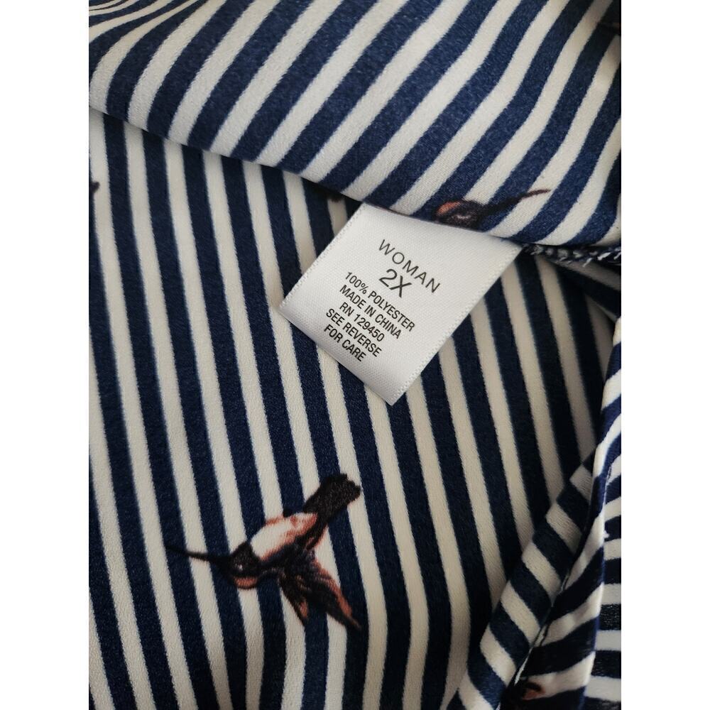 Roz& and Ali all over navy Striped hummingbird novelty print blouse sz 2X career - Picture 10 of 12